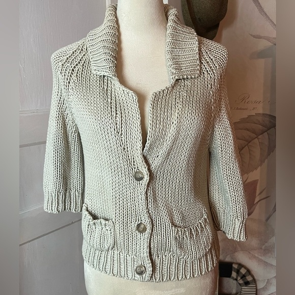 THEORY GABY CROP SLEEVE COLLARED COTTON CARDIGAN TAN SZ MED LUXURY SUMMER RESORT - Picture 1 of 6
